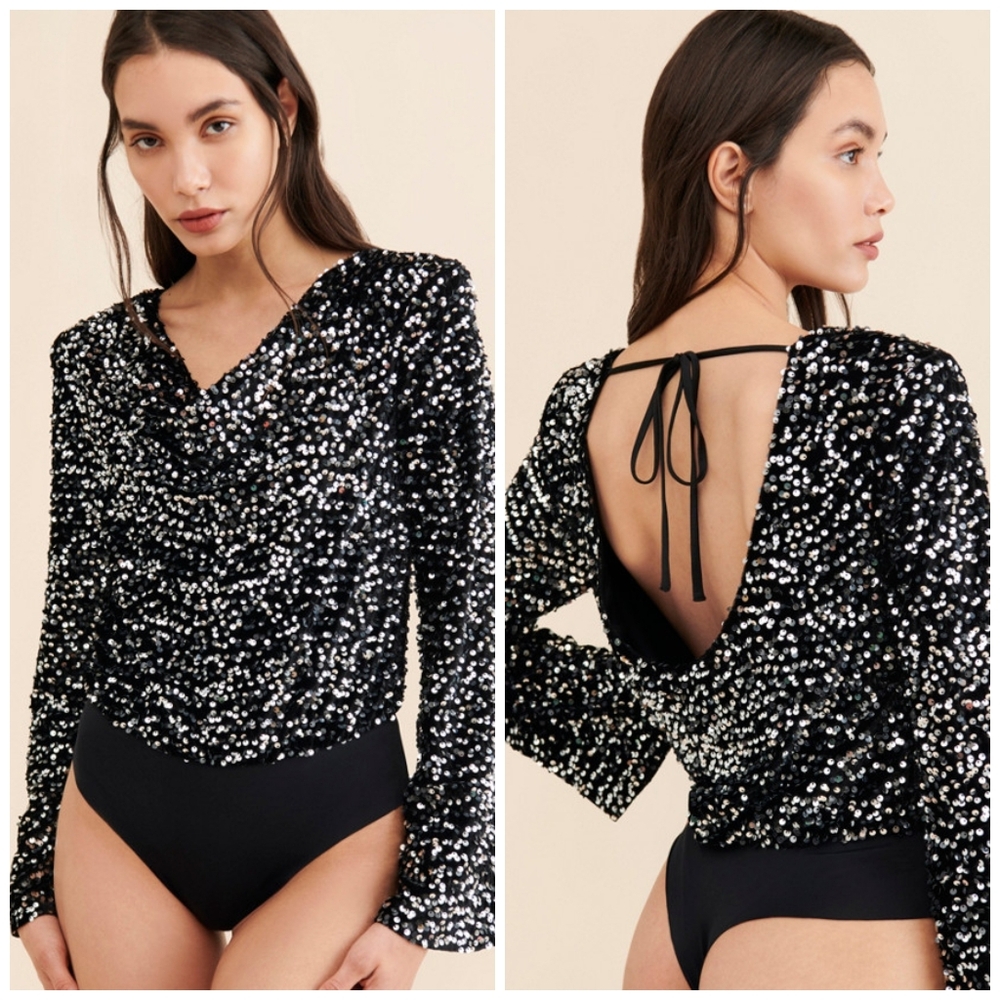 4th & Reckless Black Marcella Sequined Bodysuit Size L